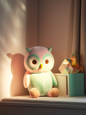Cute owl sitting on a shelf in the room. 3d renderingの素材