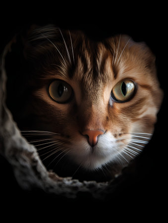 Portrait of a cat in a hole on a black background.の素材
