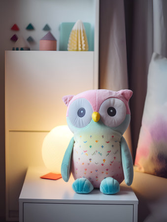 Cute soft toy owl sitting on a shelf in children's roomの素材