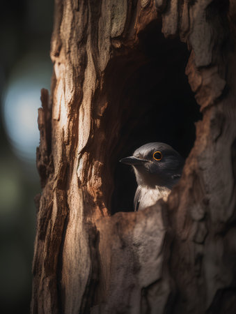 Little bird in the hollow of a tree, close-up.の素材