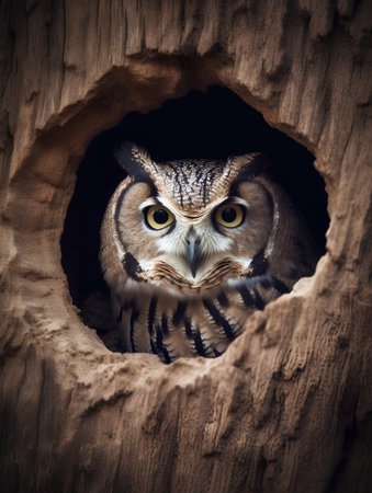 Beautiful owl in a hole on a tree in the forest.の素材
