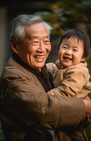 Grandfather and grandson smiling and looking at camera. Asian family.の素材