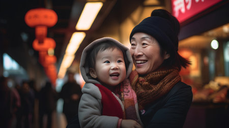 Happy asian mother and daughter walking in the street at night timeの素材