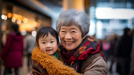 Asian grandmother with her granddaughter at Shibuya shopping street in Tokyo, Japanの素材