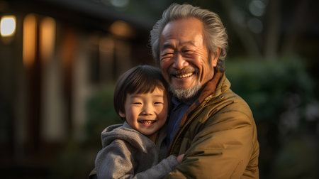 Portrait of happy asian grandfather with his grandson in the parkの素材