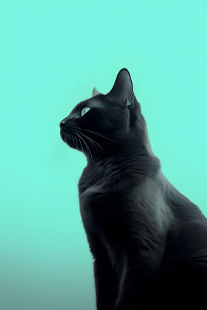 Portrait of a black cat on a turquoise background.の素材