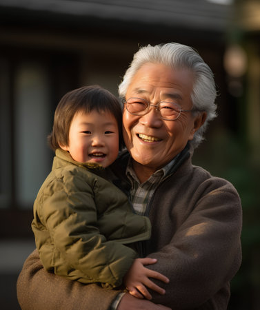 Asian grandfather and grandson in the park. Grandfather and grandson.の素材