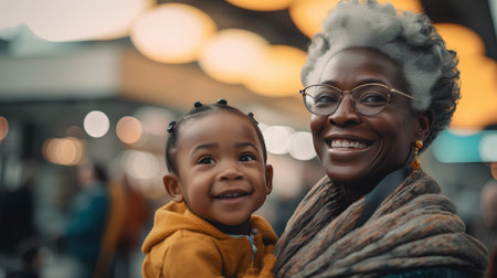 Portrait of smiling african american grandmother with her daughter in the city.の素材