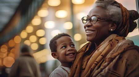 Portrait of a happy African American mother with her son in the city.の素材