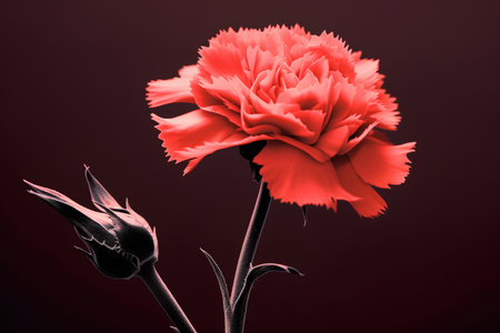 Red carnation flower isolated on black background. 3d illustration.の素材