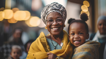 Portrait of happy african american grandmother and grandson in cityの素材