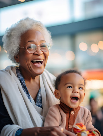 Portrait of a smiling senior woman with her granddaughter in the city.の素材