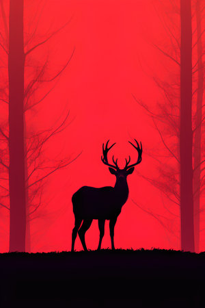 Silhouette of a deer in the forest. Vector illustration.の素材