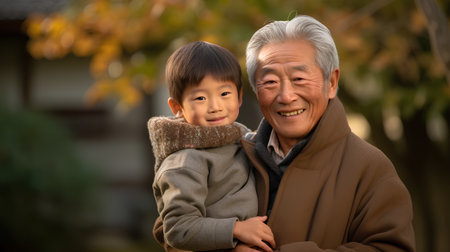 Grandfather and grandson in the park. Happy asian family.の素材
