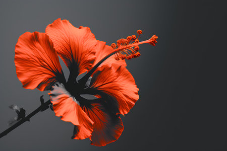 Red hibiscus flower isolated on black background. Flat lay, top view.の素材