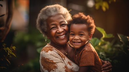 Portrait of a happy African American grandmother with her granddaughter in the garden.の素材