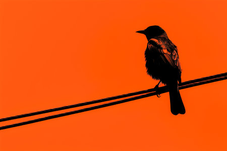 Silhouette of a sparrow sitting on a cable on an orange backgroundの素材
