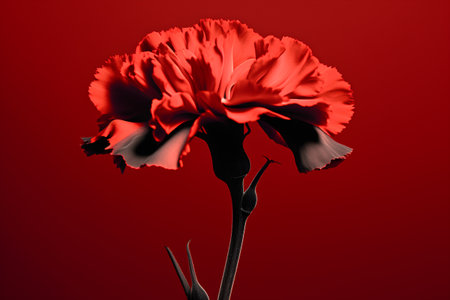 Red carnation flower isolated on red background. 3d render.の素材
