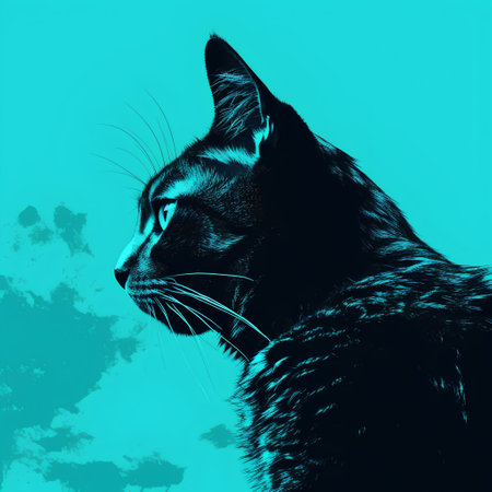 Portrait of a cat in profile on a turquoise backgroundの素材