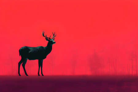 Silhouette of deer in the misty forest. Red background.の素材