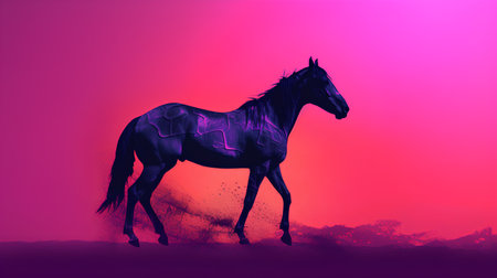 Horse silhouette with cracked paint splashes on pink background. Digital illustrationの素材