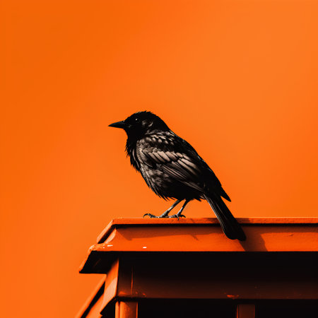 Portrait of a black crow sitting on the roof with orange backgroundの素材