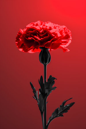 Red carnation flower isolated on red background. Flat lay, top view.の素材