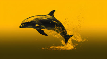 Dolphin jumping out of water on a yellow background. 3d renderingの素材