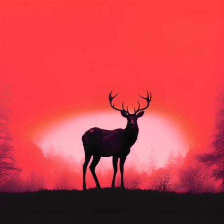 Silhouette of a deer on a background of a red sunsetの素材