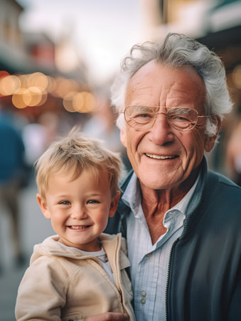 Portrait of a grandfather with his grandson in the city at sunset.の素材