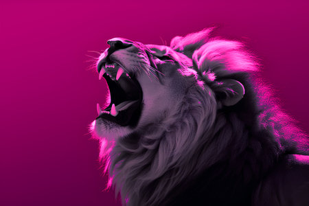 Lion roaring on a pink background. 3D illustration. Studio shot.の素材