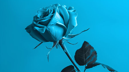 Beautiful blue rose isolated on blue background. Flat lay, top view.の素材