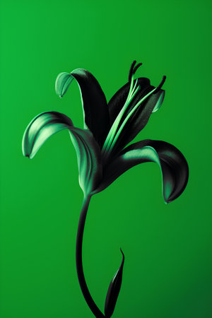 Beautiful black lily flower on a green background. 3d renderingの素材