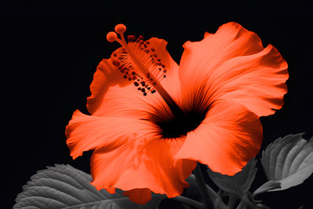 Orange hibiscus flower isolated on black background with clipping pathの素材