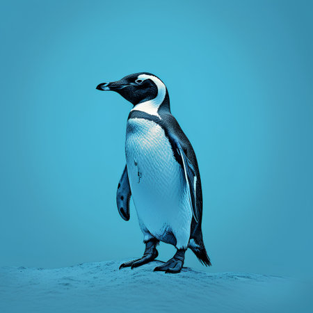 Penguin isolated on blue background. Black and white illustration.の素材