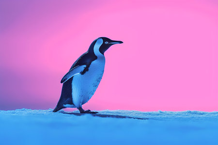 Penguin in the snow on a pink background. 3d renderingの素材