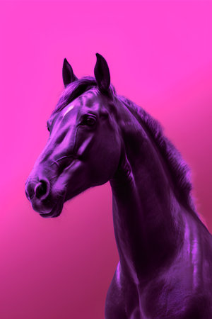 Studio shot of a beautiful stallion isolated on pink background. Art design.の素材