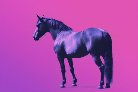Horse silhouette isolated on purple background. Side view. 3d renderingの素材