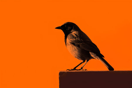 Silhouette of a sparrow on a background of orange wallの素材