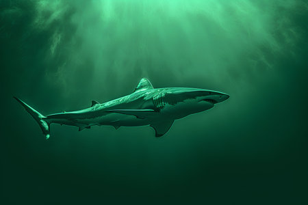Shark in deep green water. 3D render. Illustration.の素材