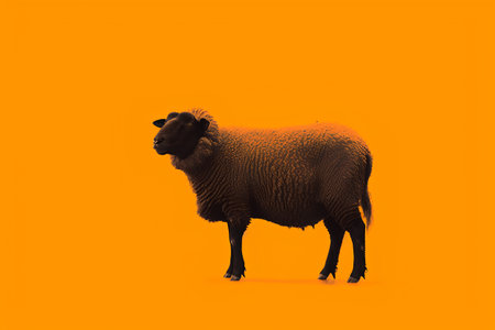 Sheep isolated on orange background. 3D rendering. Front view.の素材