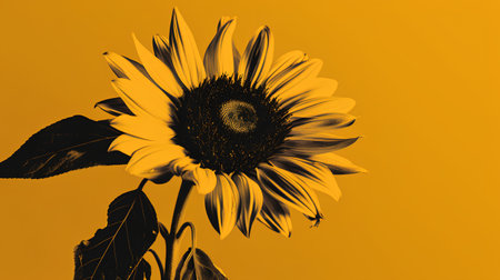 Beautiful sunflower on a yellow background. Monochrome image.の素材