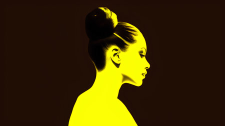 3d rendering of a beautiful woman with hair bun in yellow lightの素材