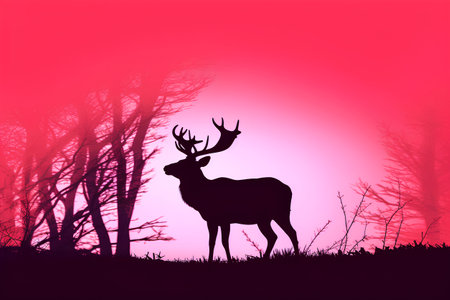 Silhouette of a deer in the forest. Red background.の素材