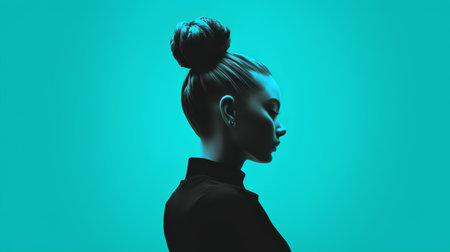 3d rendering of a young woman with hair bun on turquoise backgroundの素材