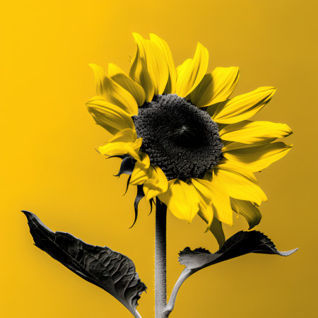 Sunflower on a yellow background. Black and white photo. Close-up.の素材