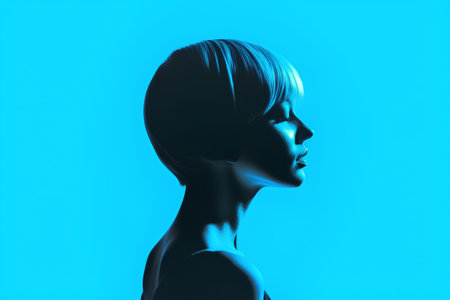 Portrait of a beautiful young woman with short blue hair on a blue backgroundの素材