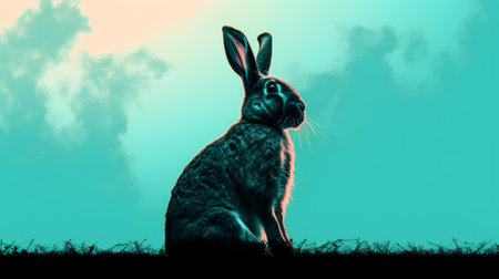 Rabbit in the grass on a blue background. 3d renderの素材