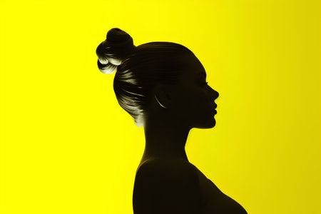 Silhouette of a beautiful woman with hairstyle on yellow backgroundの素材