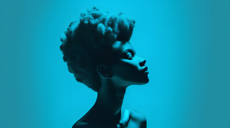 3d illustration of a beautiful woman with afro hairstyle on blue backgroundの素材